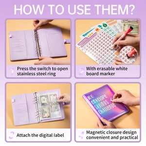 Purple PU leather 100 envelope savings challenge binder with magnetic closure and rings