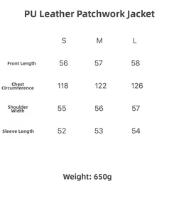 Size chart for women's animal print faux leather jacket with specific measurements in cm