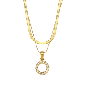 Double-layered 18K gold-plated stainless steel necklace with sparkling zircon circle pendant