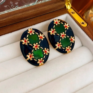 Vintage Oval Stud Earrings Enamel Floral Pattern Copper Jewelry With Silver Earring Post Retro Style For Women
