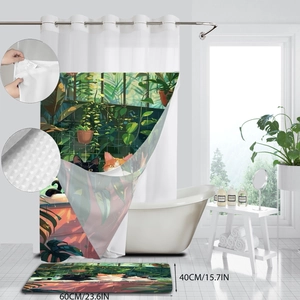 Detailed view of cat printed shower curtain with matching bathroom mat dimensions