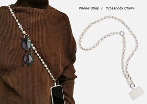 Detailed view of bohemian crossbody phone strap with irregular beads and metal rings