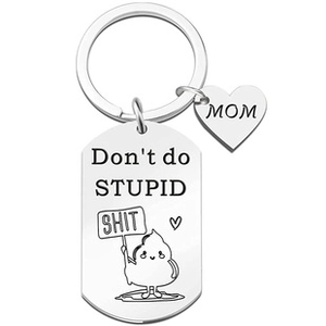 Detail of mom heart charm and engraved message on a stainless steel keychain