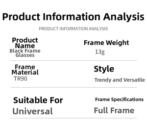 Detailed spec sheet for lightweight black TR90 frames showing 13g weight and dimensions