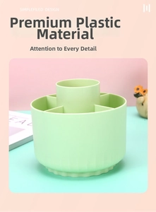 Close-up of a light green rotating desk organizer with 6 compartments and a center cylinder