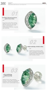 Macro detail of S925 sterling silver stud earrings with teardrop green moss agate stone