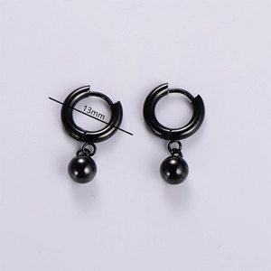 Minimalist black stainless steel hoop earrings with 13mm diameter and spherical bead pendant