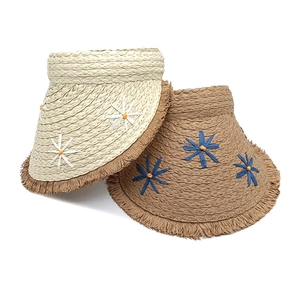 Women Straw Sun Visor Hat Empty Top Daisy Embroidery Fringed Wide Brim Beach Vacation Breathable Summer Elegant Accessory