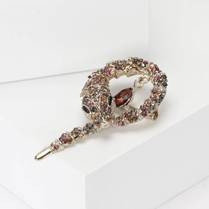 Exquisite snake brooch in gold metal with colorful rhinestones and a red drop gemstone