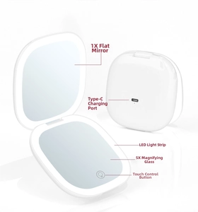 Detail view of foldable LED makeup mirror showing Type-C port and 5X magnification lens