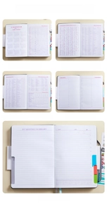 Detailed views of undated daily planner showing calendar, size charts, and monthly layouts