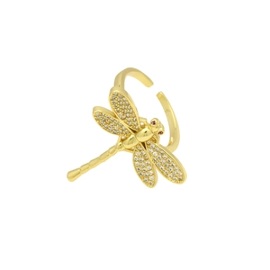 Detail of gold-plated dragonfly ring featuring pavé cubic zirconia and red gem eyes