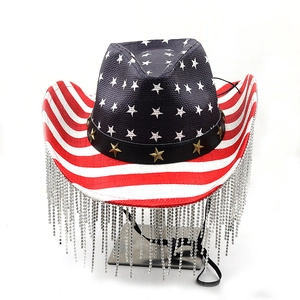 American flag western cowboy hat with red white stripes and silver rhinestone fringe