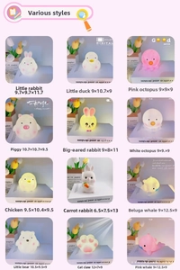 Detailed size specifications for various cartoon LED night lights in a grid layout