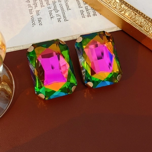 Macro detail of rectangle iridescent crystal earrings with gold prong setting