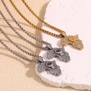 Hip-hop 18K gold and silver plated Africa map pendants with inset diamonds on twisted chains
