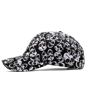 Black baseball cap with red-eye skull print in a street-style hip hop design