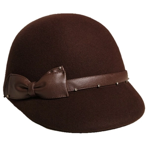 Elegant dark brown wool felt equestrian hat with a rhinestone bow and leather strap decoration