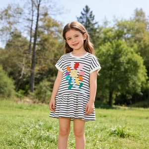 Girls Short Sleeve Striped Dress With Colorful Sunflower Applique Combed Cotton Princess Party Skirt Summer Kids Casual Clothing