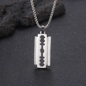 CNC crystal studded blade pendant on stainless steel chain for hip hop jewelry style