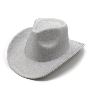 Detailed view of silver glitter western cowboy hat with a shimmering textured surface