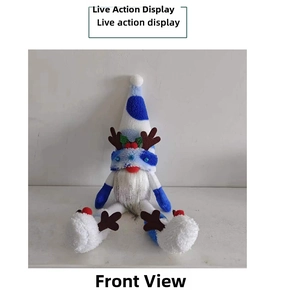 Detail of Christmas gnome with blue striped hat, brown antlers and long white plush beard