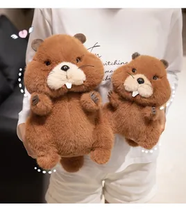 Close-up of small and large plush beaver dolls featuring soft brown fur and buck teeth