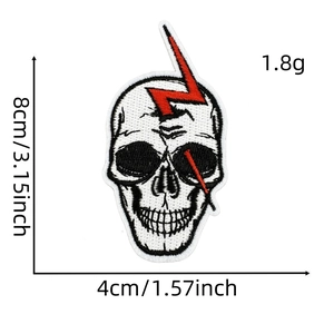 Detail showing the 8cm height and 1.8g weight of the rock music skull embroidered patch