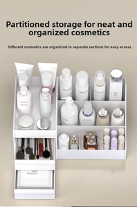 Close-up of a white multi-compartment makeup organizer with double drawers for cosmetics