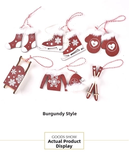Detail view of 7 burgundy wooden Christmas ornaments with white fur trim and cotton strings