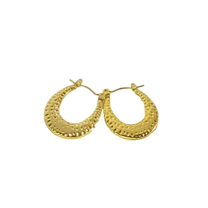 Irregular hammered texture 18k gold plated stainless steel hoop earrings on white background