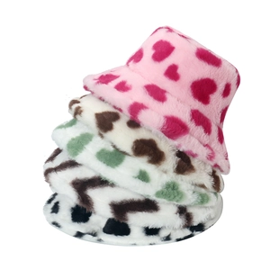 Plush Bucket Hat Faux Rabbit Fur Heart Pattern Print Warm Windproof Winter Outdoor Sweet Style Women Girls