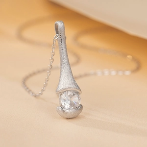 Minimalist 925 sterling silver frosted cone necklace with clear zircon stone pendant