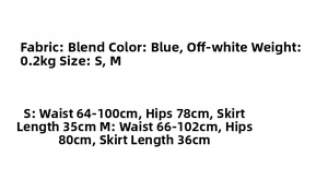 Size chart showing S and M measurements for knit sweater set in blue and cream white