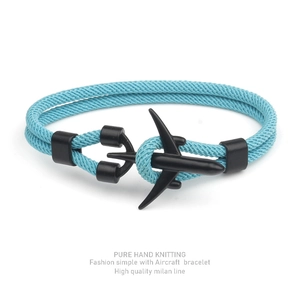 Blue braided rope bracelet featuring a black metal anchor and aircraft buckle closure