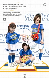 Kids silicone crossbody bag with cartoon DIY charms shown on child models