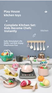 Detailed set of pink kitchen play toys with induction stove and toy food accessories