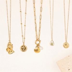 Gold-plated 18k titanium steel necklaces featuring diverse oval pendants and charms