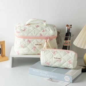 Quilted Bowknot Cosmetic Bag Large Capacity Toiletry Pouch Portable Travel Makeup Storage Bag for Women