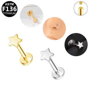 Detail of star-shaped ASTM F136 titanium piercing stud with internal threading system