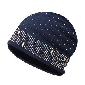 Women's winter navy blue knit hat with sparkling rhinestones and warm fleece lining