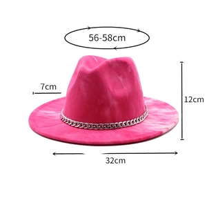 Detailed size guide for hot pink tie-dye fedora hat with silver chain decor