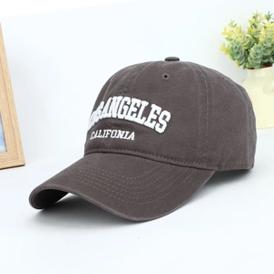 Detail shot of Los Angeles white embroidery on a charcoal grey twill cotton baseball cap