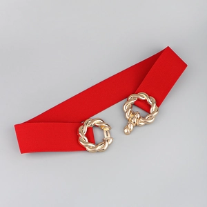Red elastic wide belt for women with elegant golden twisted interlocking metal buckle