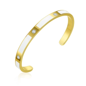 Minimalist gold open bangle featuring white enamel inlay and three clear zircon stones