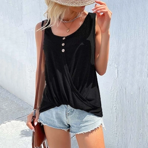 Detail showing wooden buttons on round neck and knot twist hem of black tank top