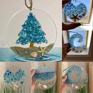 Sea Glass Suncatcher Ocean Wave Hanging Ornament Acrylic Coastal Home Decor With Natural Shell Starfish Sand