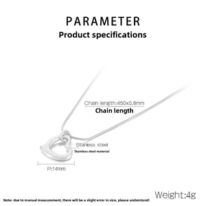 Technical specifications for a stainless steel heart pendant necklace with measurements