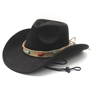 Vintage Western Cowboy Hat Suede Wide Brim Ethnic Beaded Band Adjustable Windproof Rope Outdoor Jazz Sun Hat