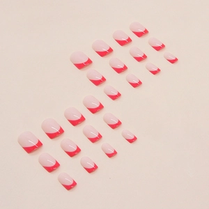 Short square red French style press-on nails set with minimalist pink base, 24 count kit